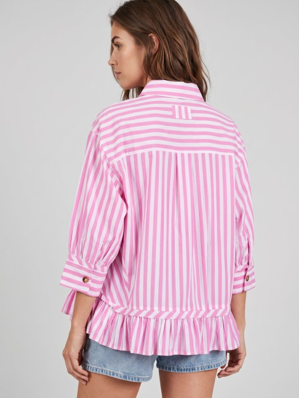 Women’s Pink Striped Ruffle Hem Blouse 3/4 Sleeve Button Down Shirt Pocket - Picture 2 of 4